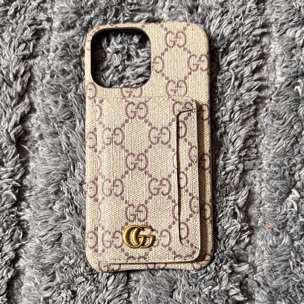 Gucci Beige Monogram Phone Case with Card Pocket and Gold Logo